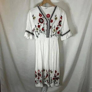 Shineflow Size Small Embroidered Midi Dress White Floral Flowy Boho Romantic